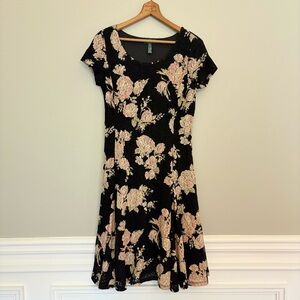 LRL Lauren Ralph Lauren Black Floral Lace Midi Dress Petite Medium Lined Stretch
